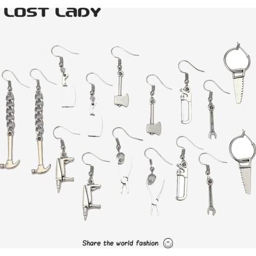 Lost Lady NEW Creative Fashion 8Pcs/set Tool Pendant Earrings Womens Cute Axe Earrings Chain Hammer Earrings Party Unique Gifts