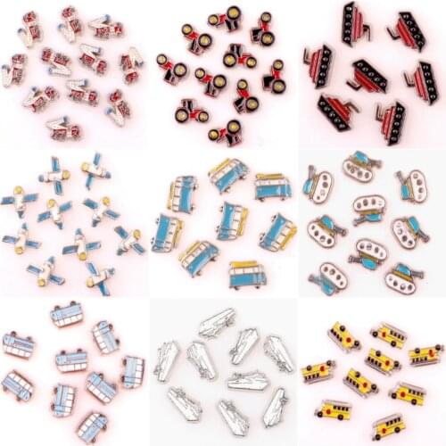 40Pcs/Lot Mini Cute Car School Bus Floating Charms Fire Truck Tank Pendant Locket Necklaces Jewelry Supplies