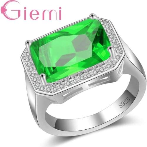 Big Rectangle Green Crystal Jewelry Luxury Clear Finger Rings for Mother Best Love Gifts Pure Silver Color Women Anel