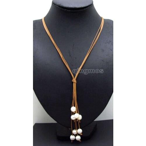 Big 10-11mm White Potato Natural FW Pearl & Brown Leather 4 strands 32" Long Necklace-nec6146 Wholesale/retail Free ship