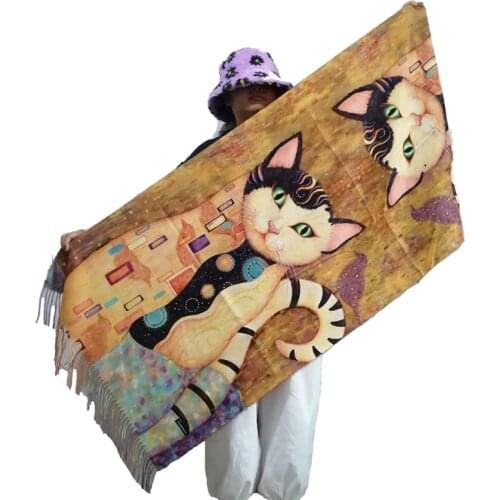 Designer Cat Pattern Cashmere Scarf Women Winter Warm Blanket Poncho Ladies Luxury Oil Painting Pashmina Shawl Plus Size 195cm