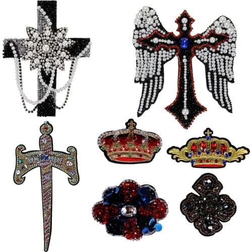Crown Applique Cross Petal Patches Spacecraft Bead Large Sword Cross Badge Crystal Rhibestones Sewing Clothes Accessories TH2010