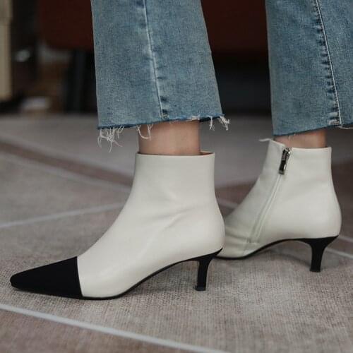 Hot Winter Women Shoes Genuine Leather Mixed Colors Ankle Boots Concise ZIP Pointed Toe Women Boots Thin Heels Zapatos De Mujer