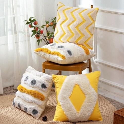Morocco Hand-Woven Pillow Cover Sofa Bed Cotton Embroidery Cushion Cover Tufted Yellow Gray Circle Striped Decorative Pillowcase