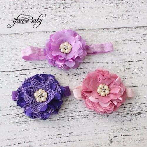 Fashion Tull flower with rhinestone on elastic headband for girl kids children hair accessories headband