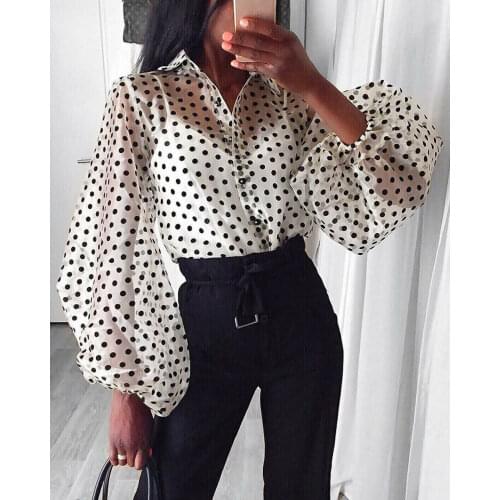 Fashion Womens Summer Mesh Shirt See-through Polka Dot Long Sleeve Casual Shirts Top Black Lace Sheer Loose Blouse Tops Black