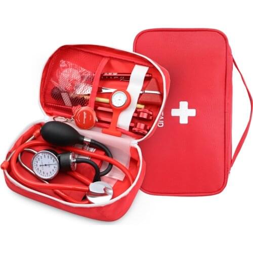 Classic Red Medical Kit Health Bag Pouch Set with Stethoscope Manometer Tuning Fork Reflex Hammer LED First Aid Penlight Torch