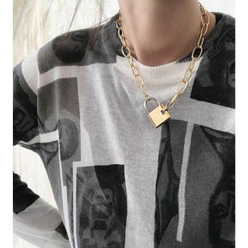 Titanium Chunky Chain Padlock Statemet Necklace Women Stainless Steel Jewelry Designer T Show Runway Boho Gown Japan Korean