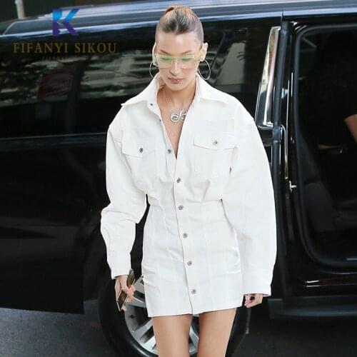 White Denim Shirt Dress Women 2020 Spring Fashion Long sleeve Mini Sexy Dress Female Single Breasted High waist Denim Dresses