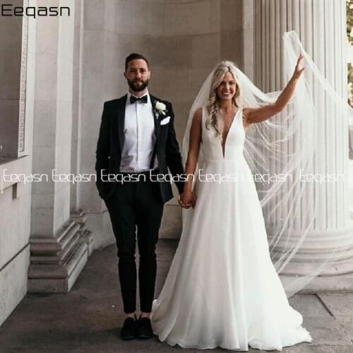 Vestido de novia Summer Beach A-Line Wedding Dresses Chic V-neckline Backless Organza Bridal Gown with Slit Abito da sposa 2021