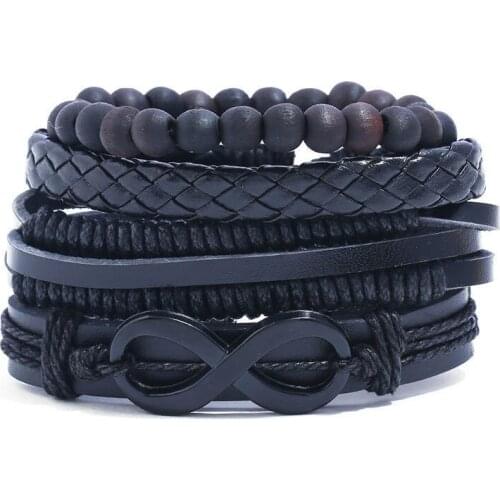 3/4Pcs/ Set Braided Wrap Leather Bracelets for Men 2021 Vintage Life Tree Rudder Charm Wood Beads Ethnic Tribal Wristbands