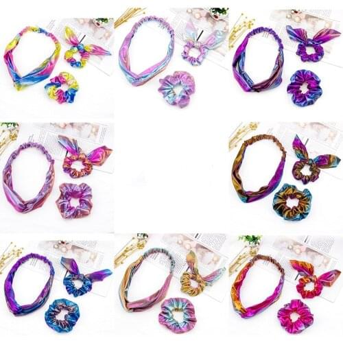 3pcs=sat New Fashion Metal rainbow fabric Rabbit ears Elastic Hair Hairbands Sweet Simple Sports Dance Girls Hair Accessories