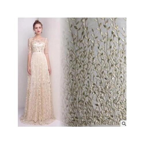 Light Luxury Mesh Sequins Embroidered Cloth Multicolor Leaves Dress Lace Bead Flat Embroidered Fabric