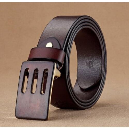 Ta-weo) Men Retro Genuine Leather Belts, Smooth Buckle Cowhide Business Belt High Quality, Pure Copper Buckle