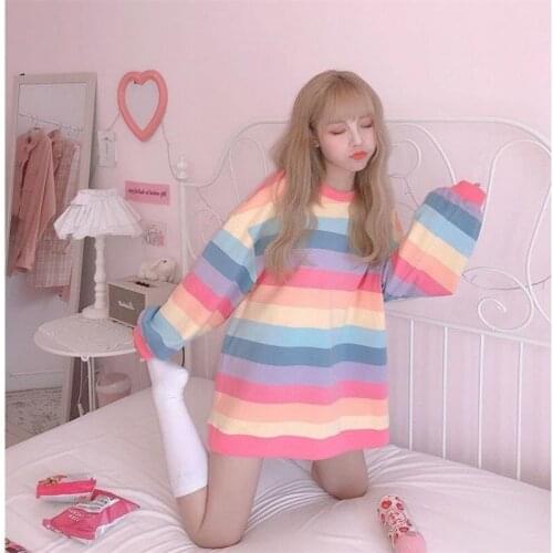 Spring and Autumn Rainbow Striped Long-sleeved Sweater Women Korean Loose Harajuku Style Thin Top Trend Women Clothing