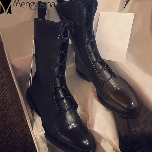 Fashion snow punk boots woman british 2020 winter celebrities motorcycle botines cross-tied flats pointed toe mid-calf botas