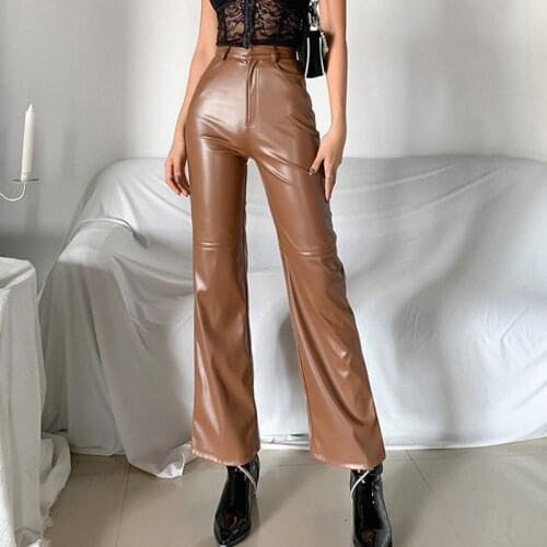 Womens Faux Leather High Waist Straight Pants Female Boyfriend Loose Wide Leg Trousers Black Fashion PU 2021 Clothing