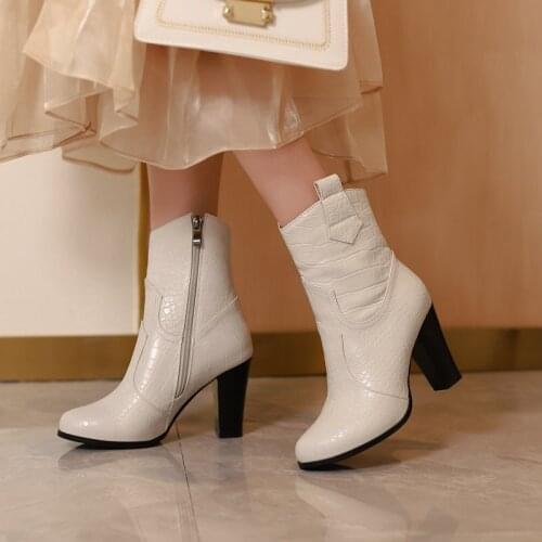 Lady Spring Autumn Imitation Crocodile Leather Mid Calf Boots Square High Heel Zipper Winter Women Shoes Fashion PU Plaid Boots