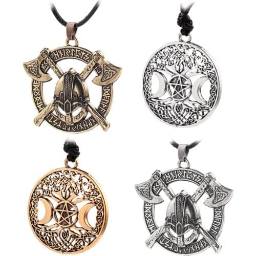 Norse Viking Amulet Tree of Life Moon Pentagram Pendant Necklace Antique Gold Silver Color Celttic Knot Axe Helmet Pendant