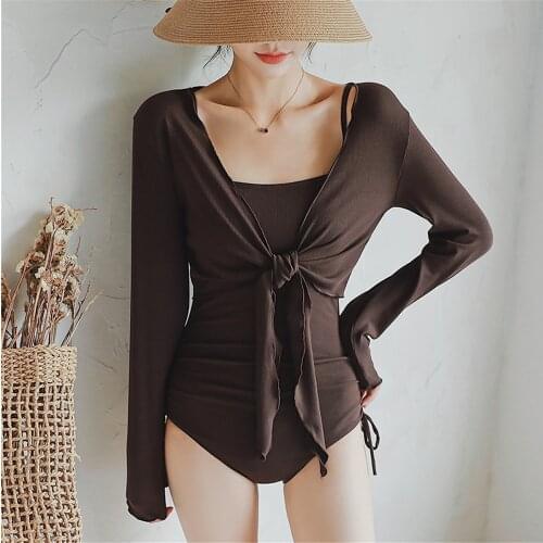 Long Sleeve One Piece Swimsuit Women Solid Swimwear Two Sets Monokini With Cover Up Swim Suit Black Bathing Suit Pad Push Up