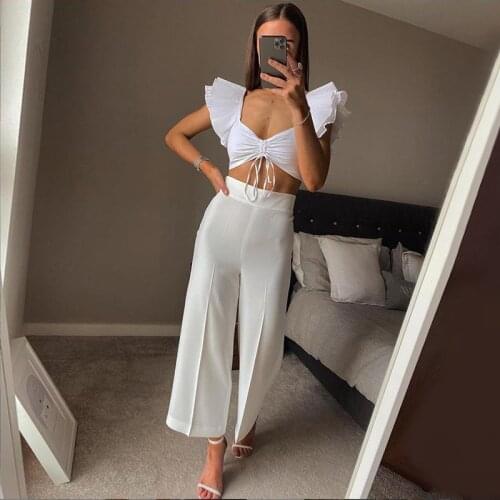 2021 Summer Women Crop Tops Blouse Solid Color Ruffle Short Sleeve V Neck Drawstring Elegant Shirts Casual Sexy Tops Female
