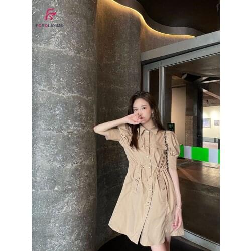 2021 high quality puff sleeve polo collar british a-line skirt single breasted dress women