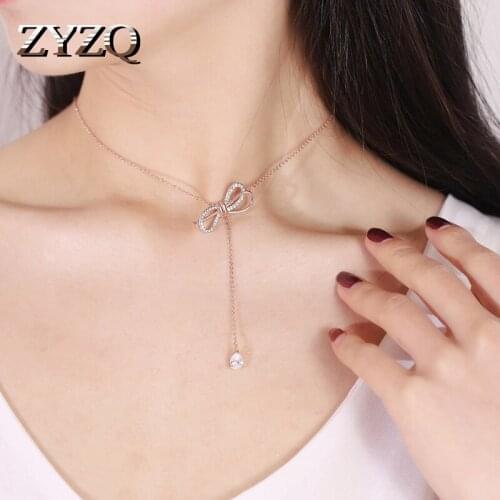 ZYZQ Elegant Bowknot Choker For Women Short Style Jewelry Necklaces With Micro Paved With Dazzling Cubic Zircon Stone Pendant