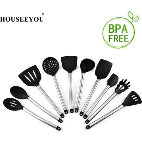 HOUSEEYOU 100% FOOD GRADE Silicone Cooking Tool Sets Spoon Soup Spatula Skimmer Turner Scraper Kitchen Stainless Steel Utensil