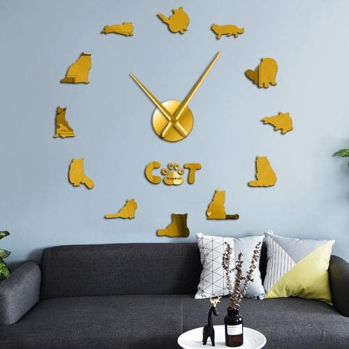 Ragdoll Cat Breed Mirror Effect 3D DIY Wall Art Clock Watch Cute Cat Animals Design Mute Wall Clock Self Adhesive Kit Decoration