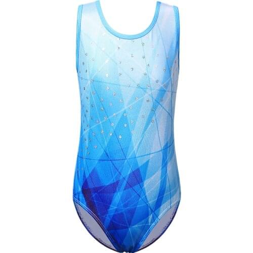 BAOHULU Sparkle Sequin Ballet Leotard Girls Line Print Gymnastics Leotard Toddler Sleeveless Blue Color Dance Wear Jumpsuit