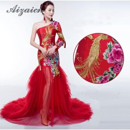 Long Evening Dress Irregular Shoulder Tassel Embroidery Tulle Red Formal Wedding Qipao Party Dress Women Oriental Style Dresses
