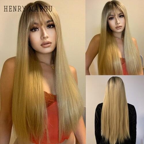 HENRY MARGU Orange Red White Ombre Long Synthetic Wigs With Bangs Natural Straight Wigs for Women Cosplay Heat Resistant Wig