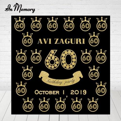InMemory Black Gold Glitter Crown Happy 60 Birthday Party Photography Backgrounds Repeat Photo Banner For Adult Men Women Custom