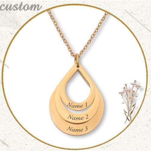 Personalized Family Necklaces Customized Engraved 3 Names Water Drop Pendant stainless steel Necklace Jewelry Gift for Mom