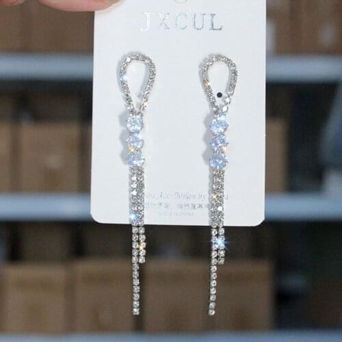 JXCUL Long Tassel Crystal Drop Earring for Women Bijoux Oversize Bowknot Rhinestone Dangle Earrings Statement Earrings Jewelry