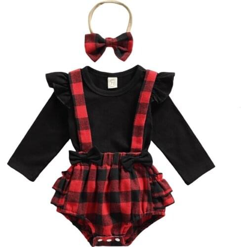 0-18M Infant Baby Girls Long Sleeve Romper + Suspenders Shorts + Bow Headband Plaid Print Ruffle Decoration Spring Clothes Set