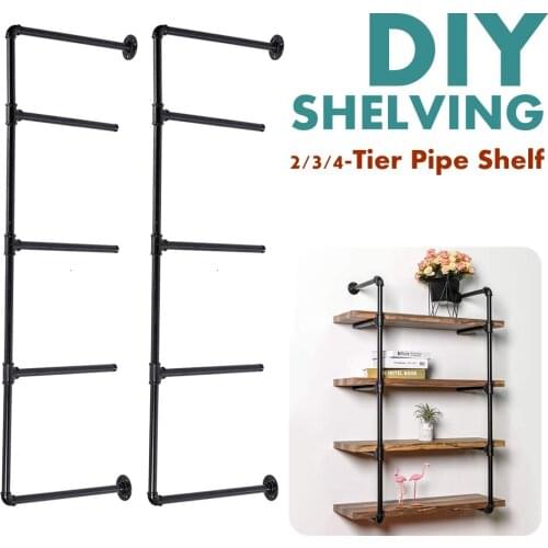 2PCS 2/3/4 Tier Industrial Retro Shelf Furniture Wall Shelf Bracket Bookshelf Hanging Storage Black Iron Pipe DIY Pipe Shelves