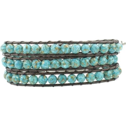 Intage Leather Bracelets Round King Stone 3 Strands Woven Wrap Bracelet Handmade Multilayer Beads Jewelry Dropship