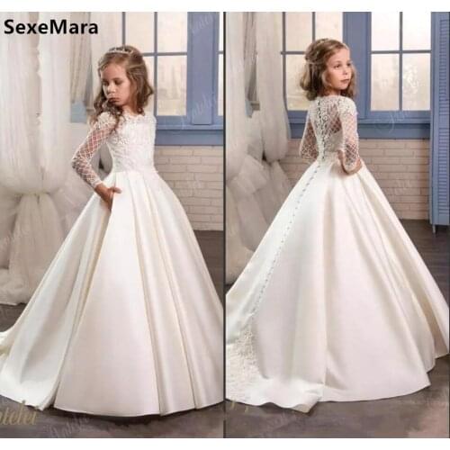 Princess White Lace Flower Girl Dresses Long Sleeves First Communion Gowns Birthday Party Dresses with Buttons Pageant Gown