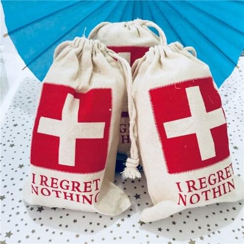 Burlap Bag 11*16cm Wedding Hangover Kit Bags Burlap Sack Candy Red Cross Hangover Kit Bag ( I Regret Nothing )