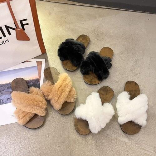 Winter Warm Fur Mules Slippers Furry Slippers For Women Cross Belt Leisure Sandals Ladies Girl Home Cotton Slides Flip Flop