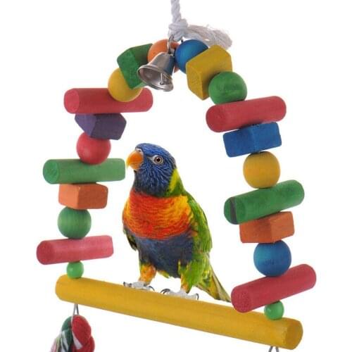 Natural Wooden Parrots Swing Toy Birds Colorful Beads Bird Supplies Bells Toys Perch Hanging Swings Cage for Pets 1Pcs
