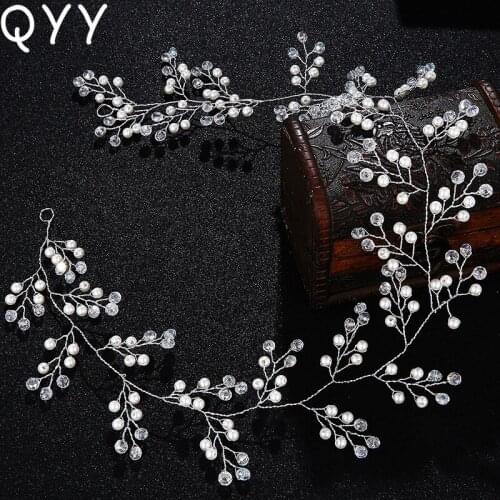 QYY Wedding Peals Rhinestone Long Headbands for Women Fashion Hair Vine Wedding Hair Jewelry Accessories Brides Tiara