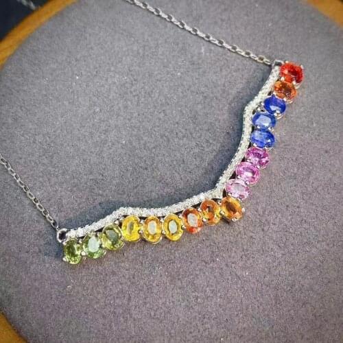 Luxurious heart Row Natural Multicolor sapphire gem necklace S925 silver natural gemstone necklace woman gift party jewelry