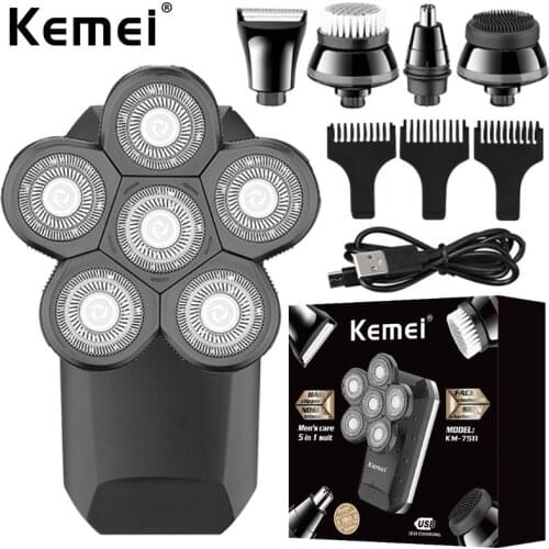 Kemei electric Shaver KM-7511 rechargeable mens shaver razor 5 in1 LCDhair clipper nose hair trimmer cleanser massager washable