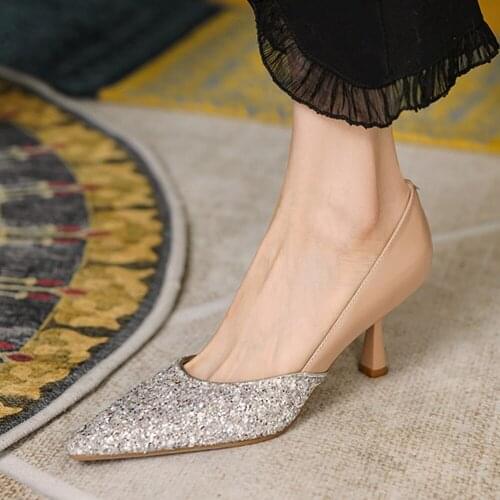 Pointed toe sequined genuine leather 6cm high heel French romantic dating nightclub fashion sexy cozy women pump MUC26 MUYISEXI