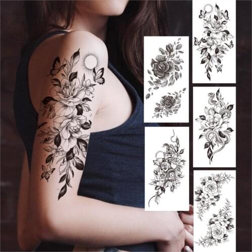 3D Flower Butterfly Temporary Tattoo For Adult Women Girls Realistic Fake Peony Rose Tattoo Sticker Black Snake Waterproof Tatoo