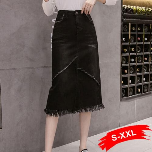 Plus Size Asymmetric Tassel Hem Black Straight Denim Skirts 5XL 7XL Spring Women Office Lady Workwear Midi Long Jeans Skirts