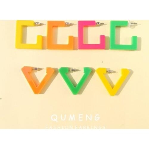 QUMENG 2020 Fashion Earrings for women Acrylic Vintage Fluorescent C shape Earrings Hoop Earrings bar party Jewelry Accessories