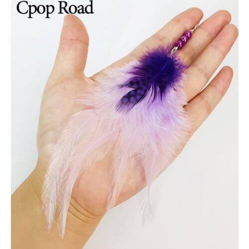 Cpop Elegant Nature Purple White Feather Earrings Rhinestone Beads Long Statement Earrings Fashion Feather Jewelry Women Gifts